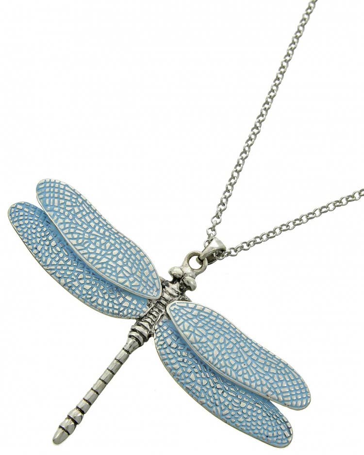 FR2477 3D Silver Burnished Dragonfly Long Chain Necklace