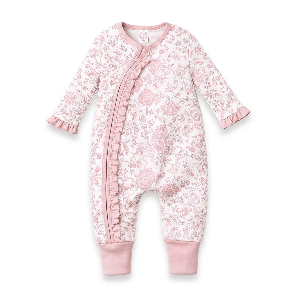 Floral Baby Zipper Romper With Ruffles