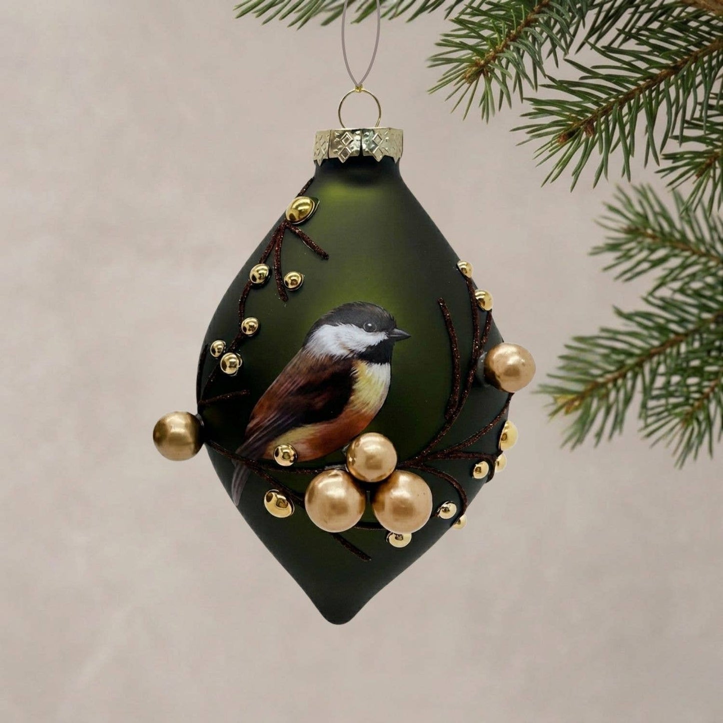 Chickadee w/ Gold Berries Glass Ornament 6.25"