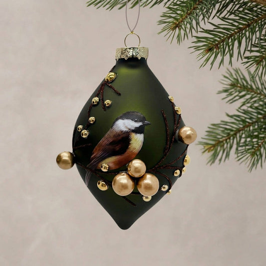 Chickadee w/ Gold Berries Glass Ornament 6.25"