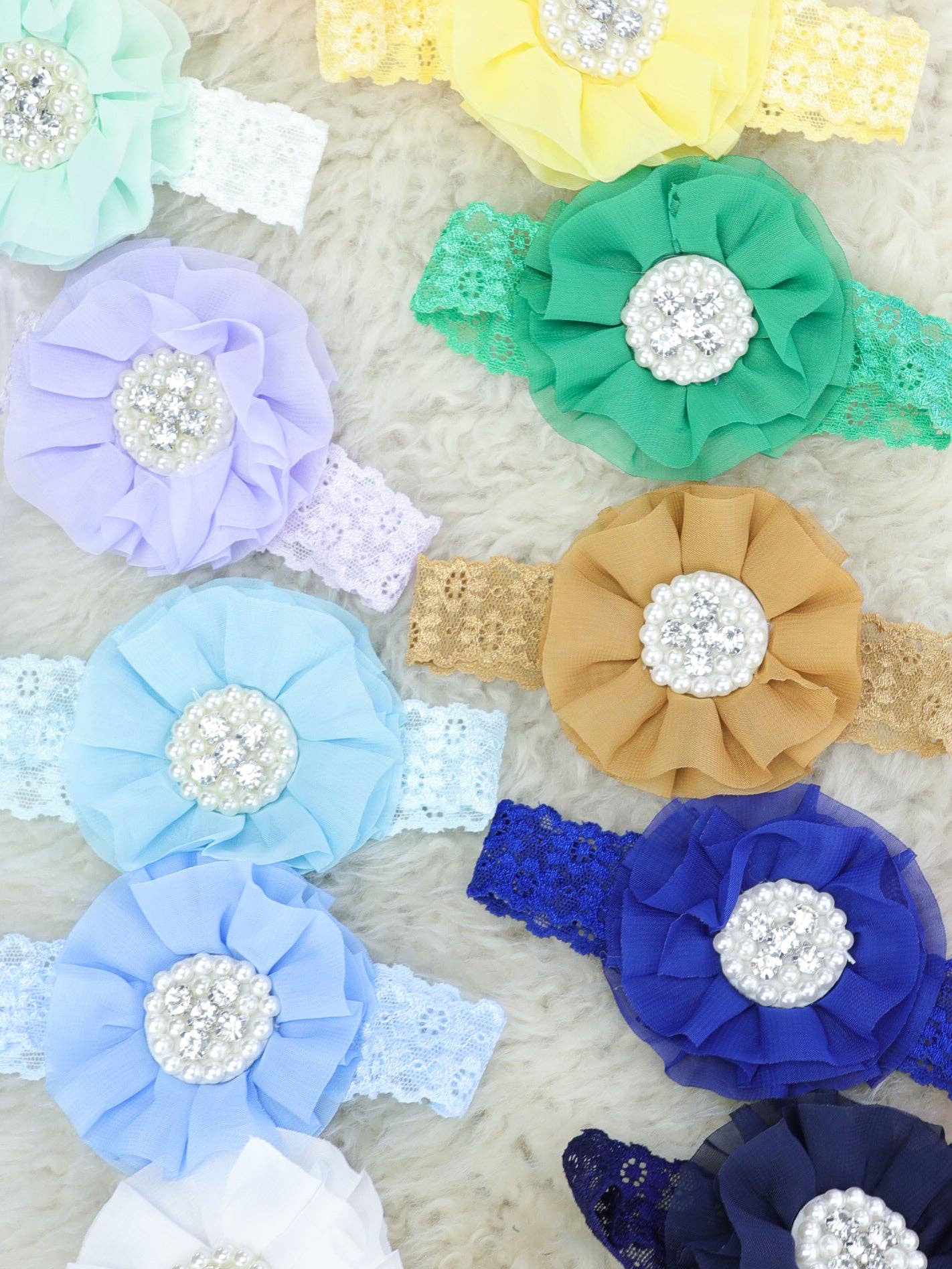 Chiffon Rhinestone & Pearls Headband - 21 Colors Available