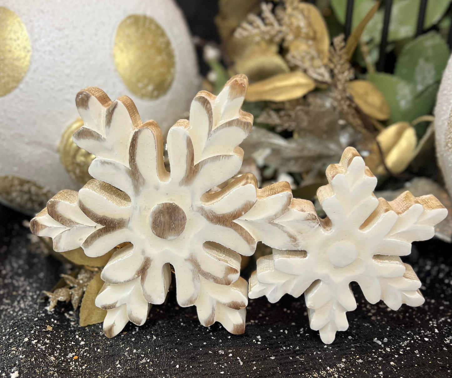 White Enamel Wooden Snowflakes 9x6in