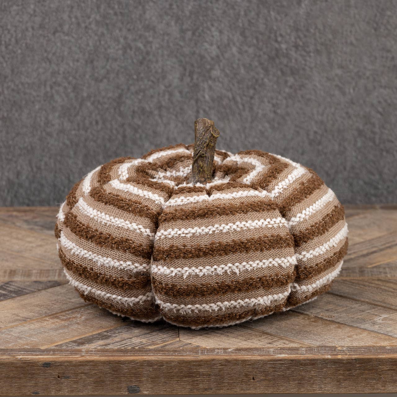 7.5" BROWN & WHITE STRIPED FABRIC PUMPKIN W/ FAUX WOOD STEM