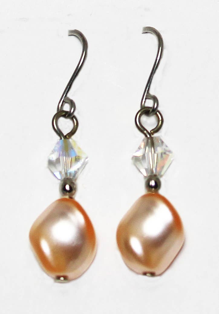 Crystal and Peach Twisted Pearl Dangle Earring