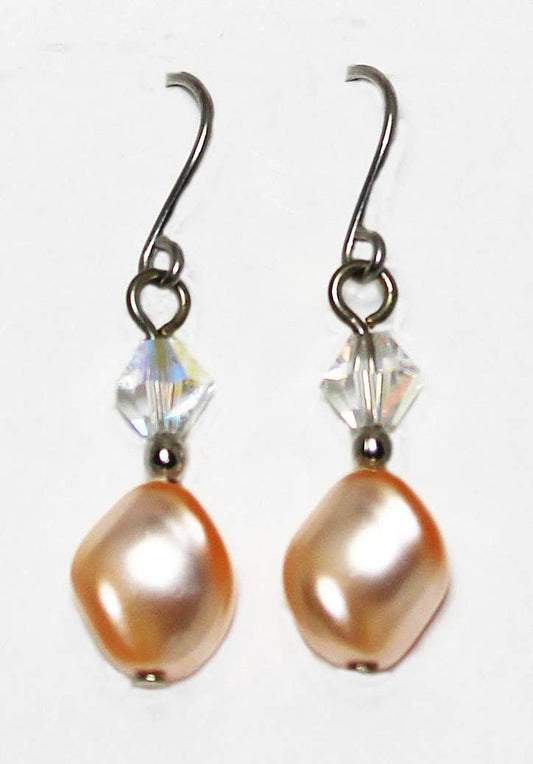 Crystal and Peach Twisted Pearl Dangle Earring