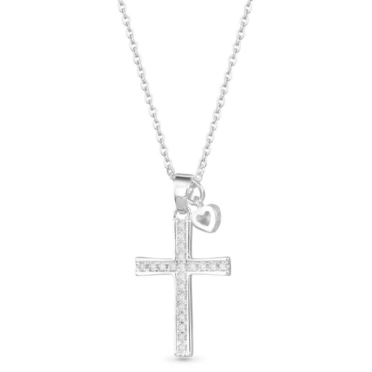 Pave Cross with Heart Droplet Necklace -  Silver