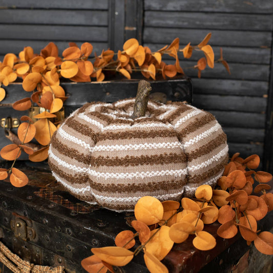 7.5" BROWN & WHITE STRIPED FABRIC PUMPKIN W/ FAUX WOOD STEM