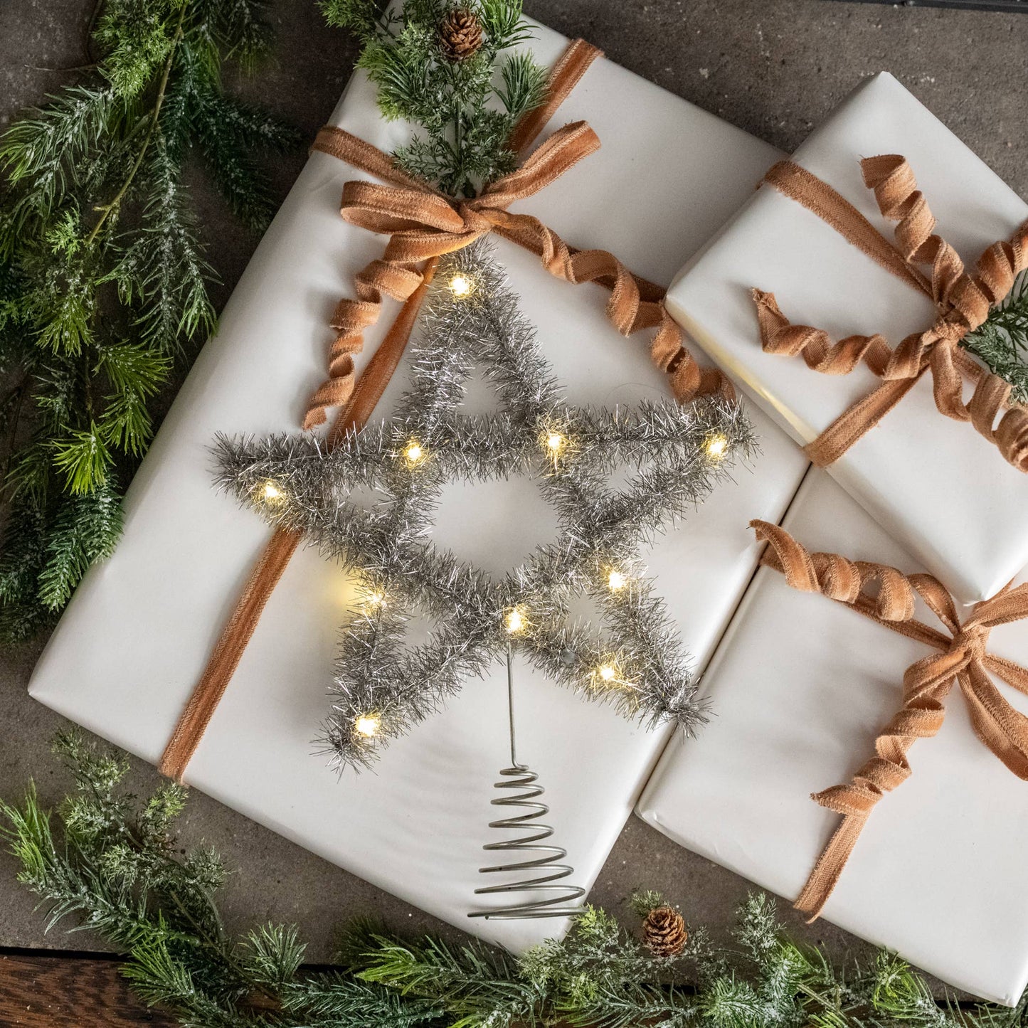 LIGHTED SILVER TINSEL STAR TREE TOPPER