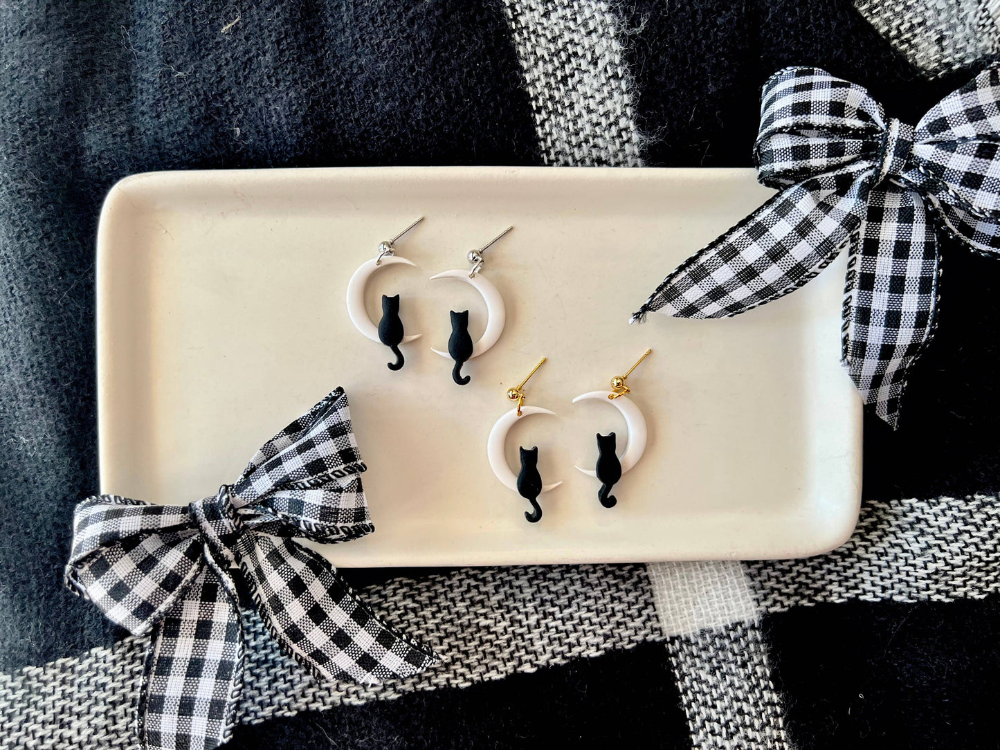 Cat Moon Earrings, Moon Earrings, Cat Clay Earrings