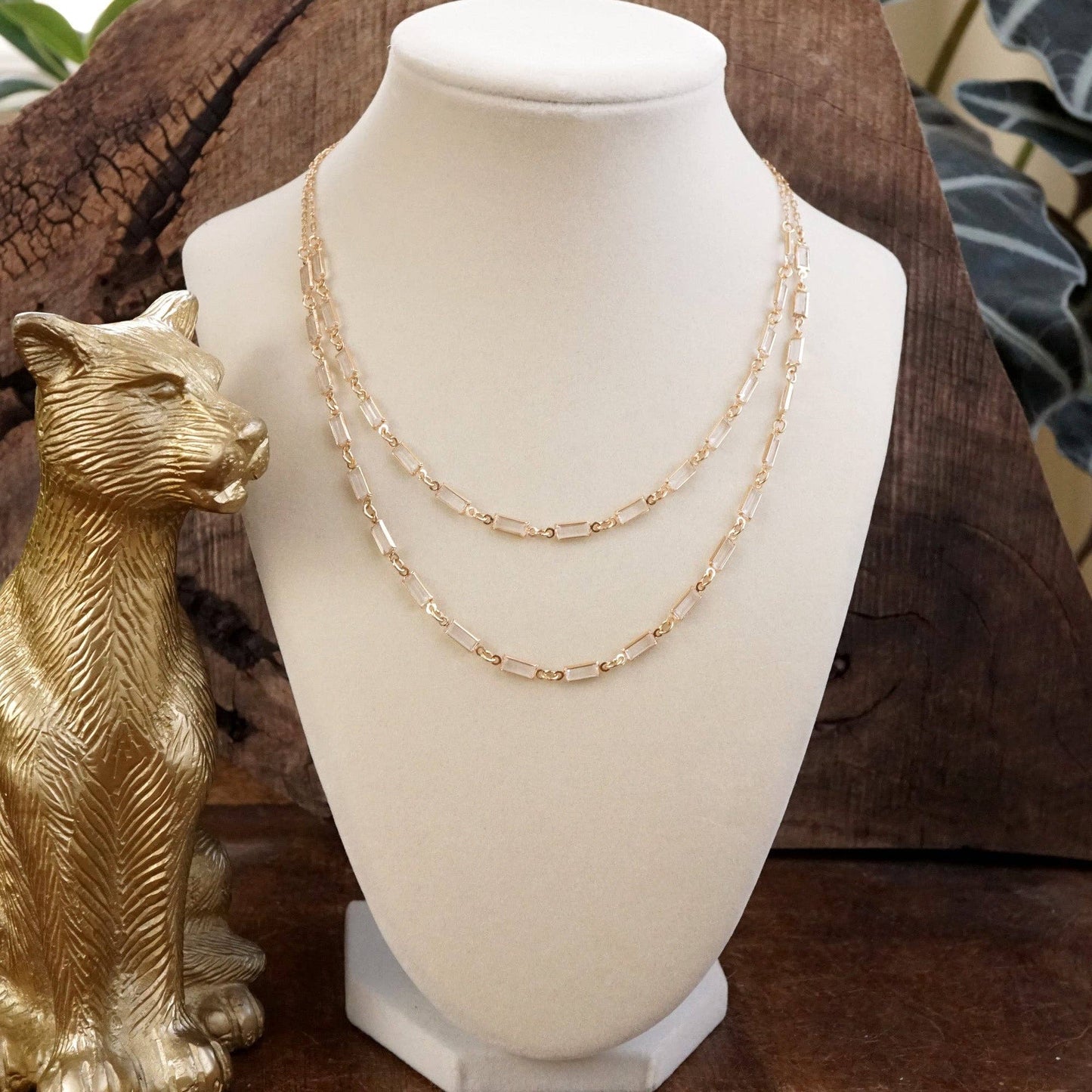 Twice the Sparkle – Double Layer Baguette Crystal Necklace in Gold Tone
