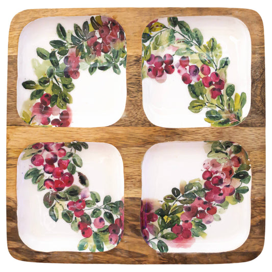 10" Cranberry Wreath 4 Sectioned Mango Wood Tray Mangiacotti
