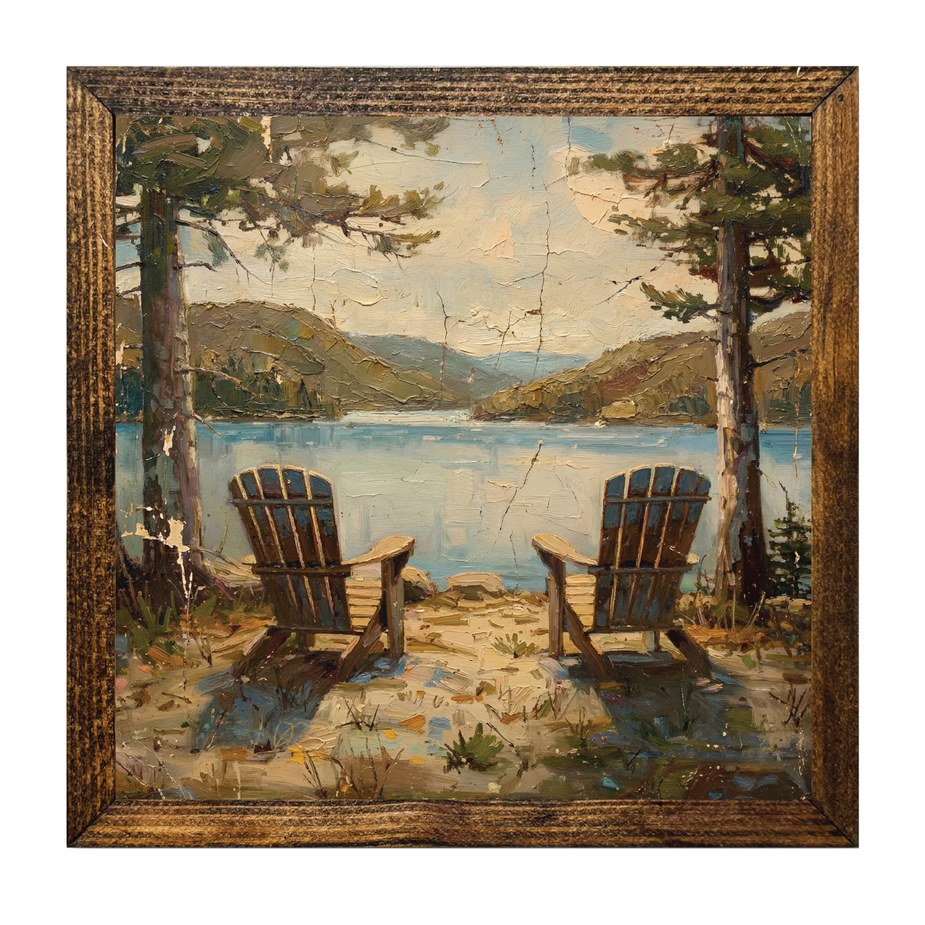 TIMBERLAND FRAME OIL PAINTING ADIRONDACK CHAIRS LAKE