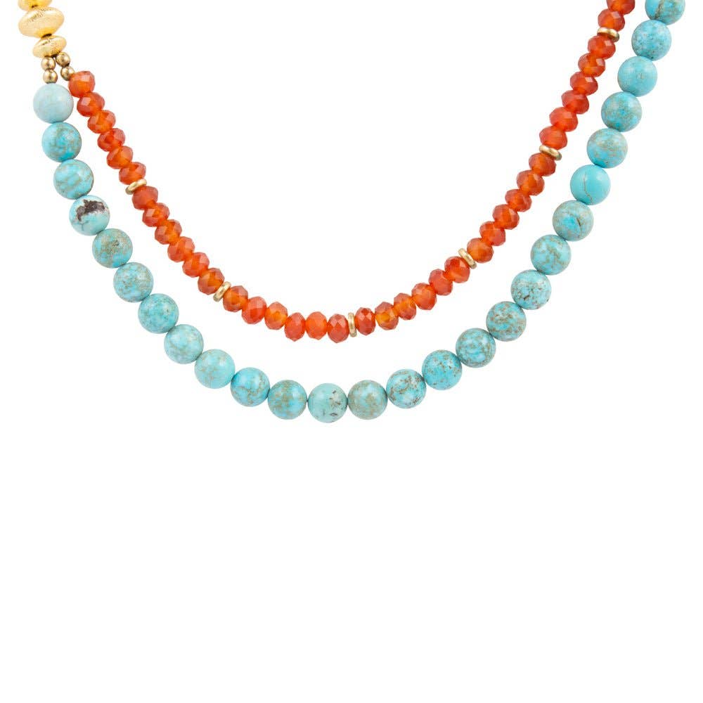 Canyon Blue Turquoise and Orange Carnelian Long Golden Necklace