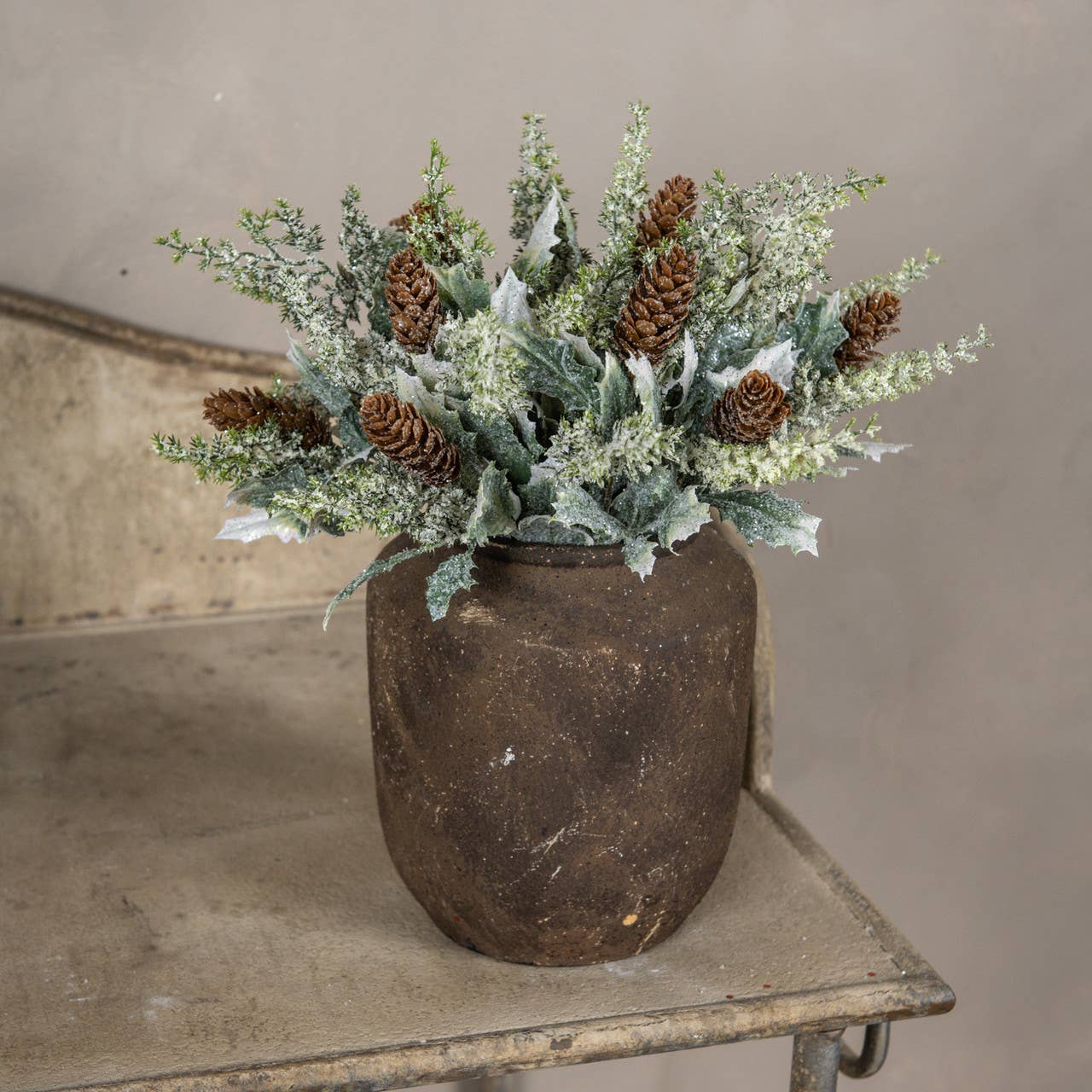 12" FROSTED HOLLY W/ PINECONES PICK