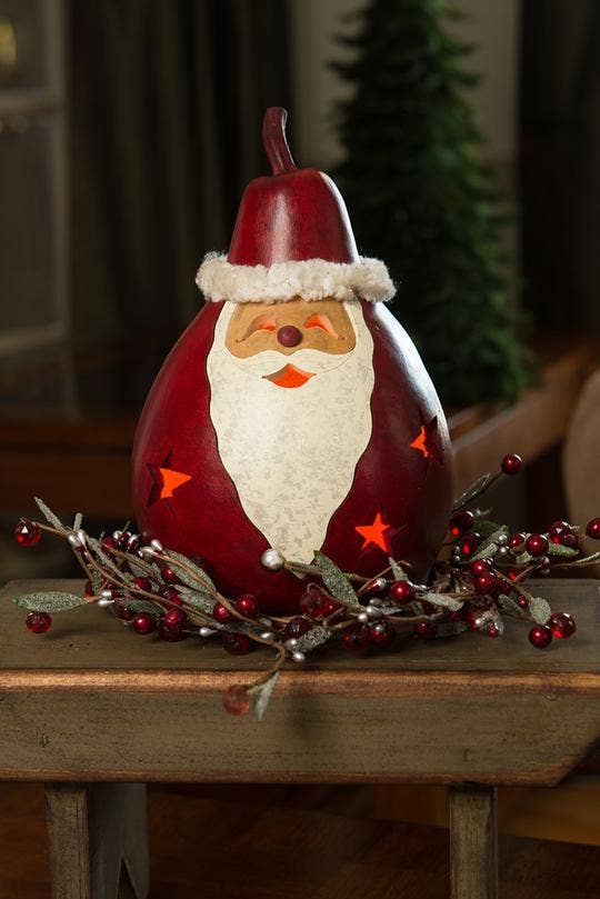 Red Santa Medium Lit Hand-Crafted Gourd Luminary