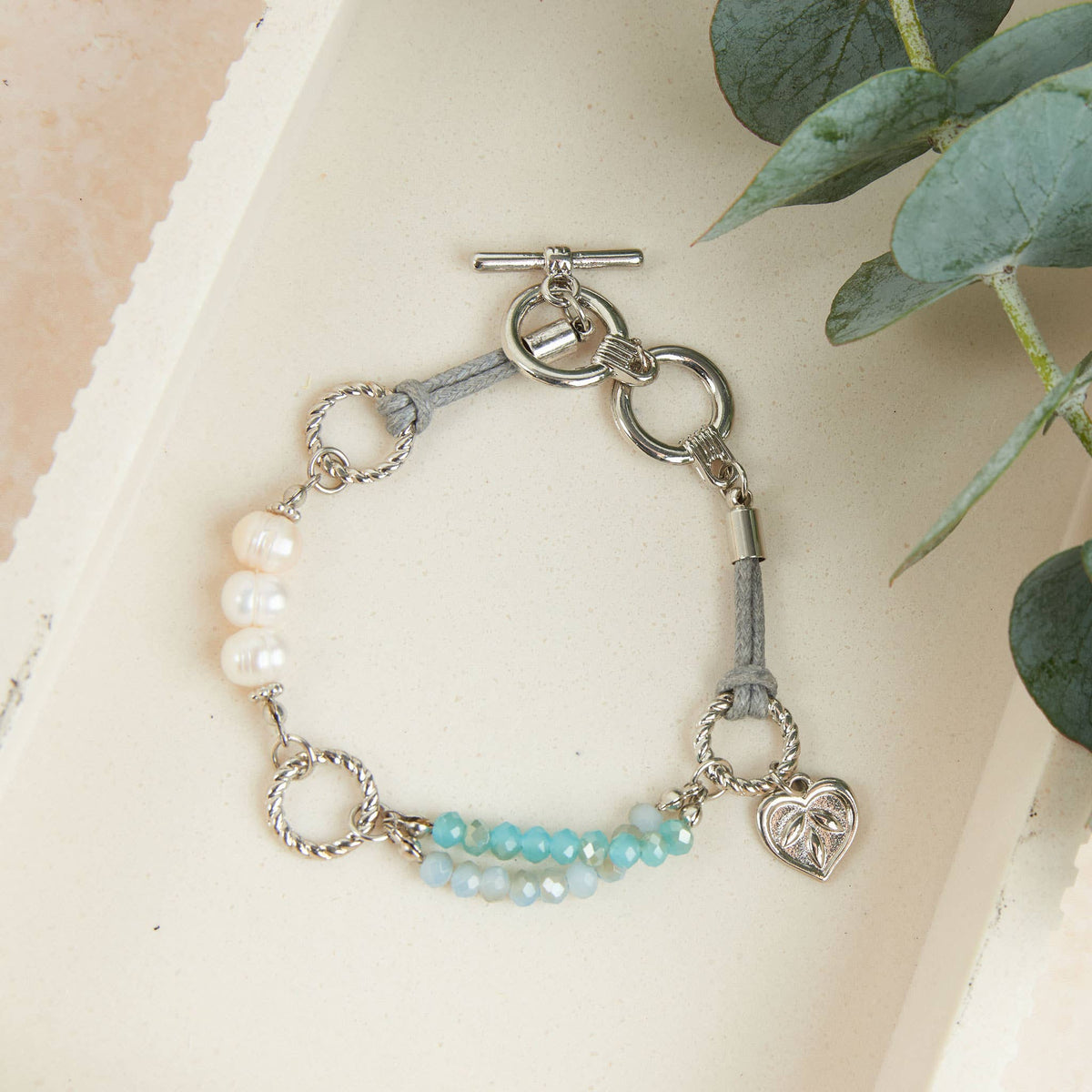 Bracelet Phyrra Multi Row Bead and Pearl Leather Toggle