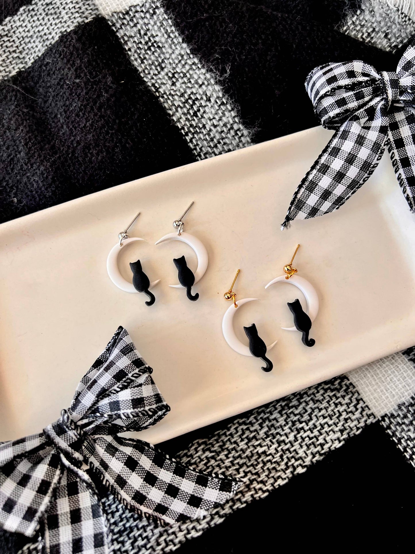 Cat Moon Earrings, Moon Earrings, Cat Clay Earrings