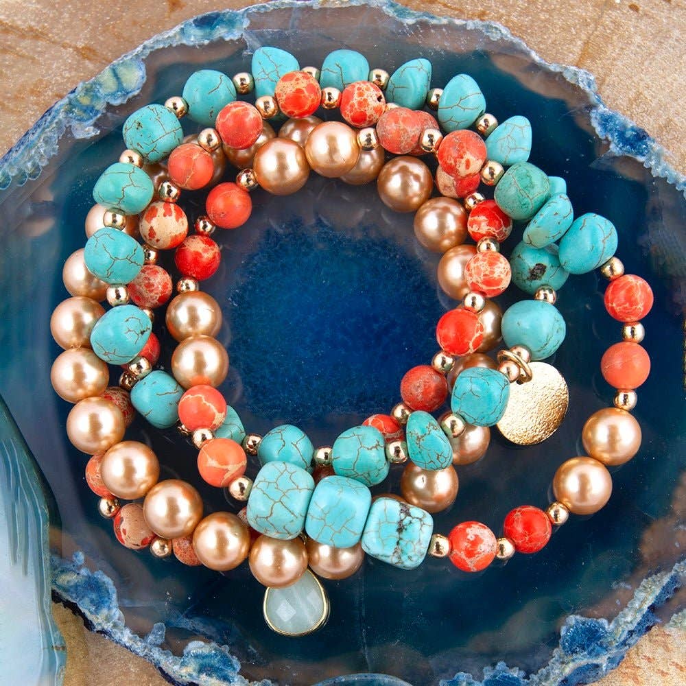 Canyon Blue Magnesite and Orange Jasper Golden Stretch Bracelet Set