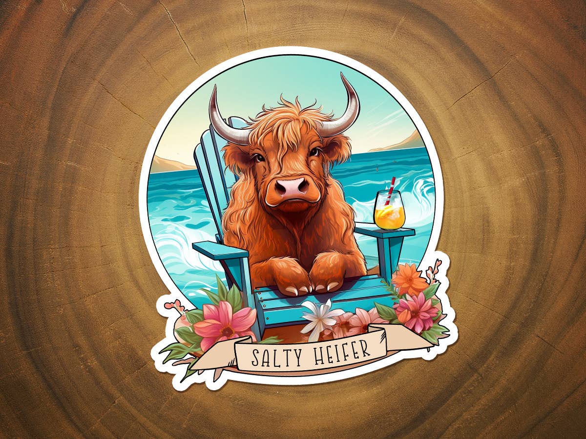 Salty Heifer on the Beach | Highland Cow | Funny Sticker