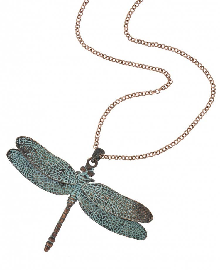 FR2477 3D Silver Burnished Dragonfly Long Chain Necklace