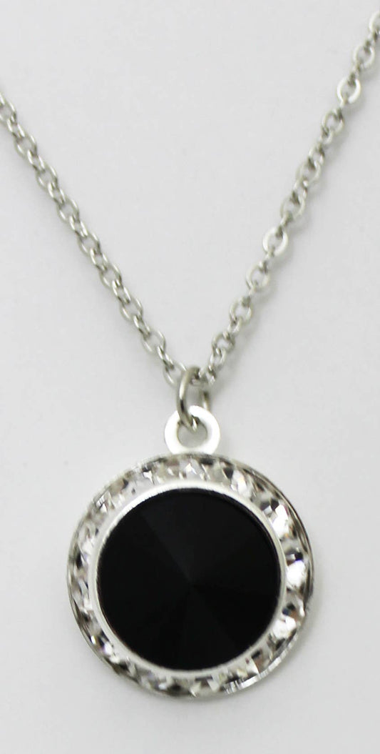 Rhinestone Rivoli Jet Pendant with 18" Silver Chain