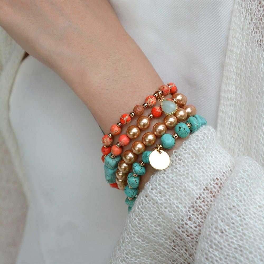 Canyon Blue Magnesite and Orange Jasper Golden Stretch Bracelet Set