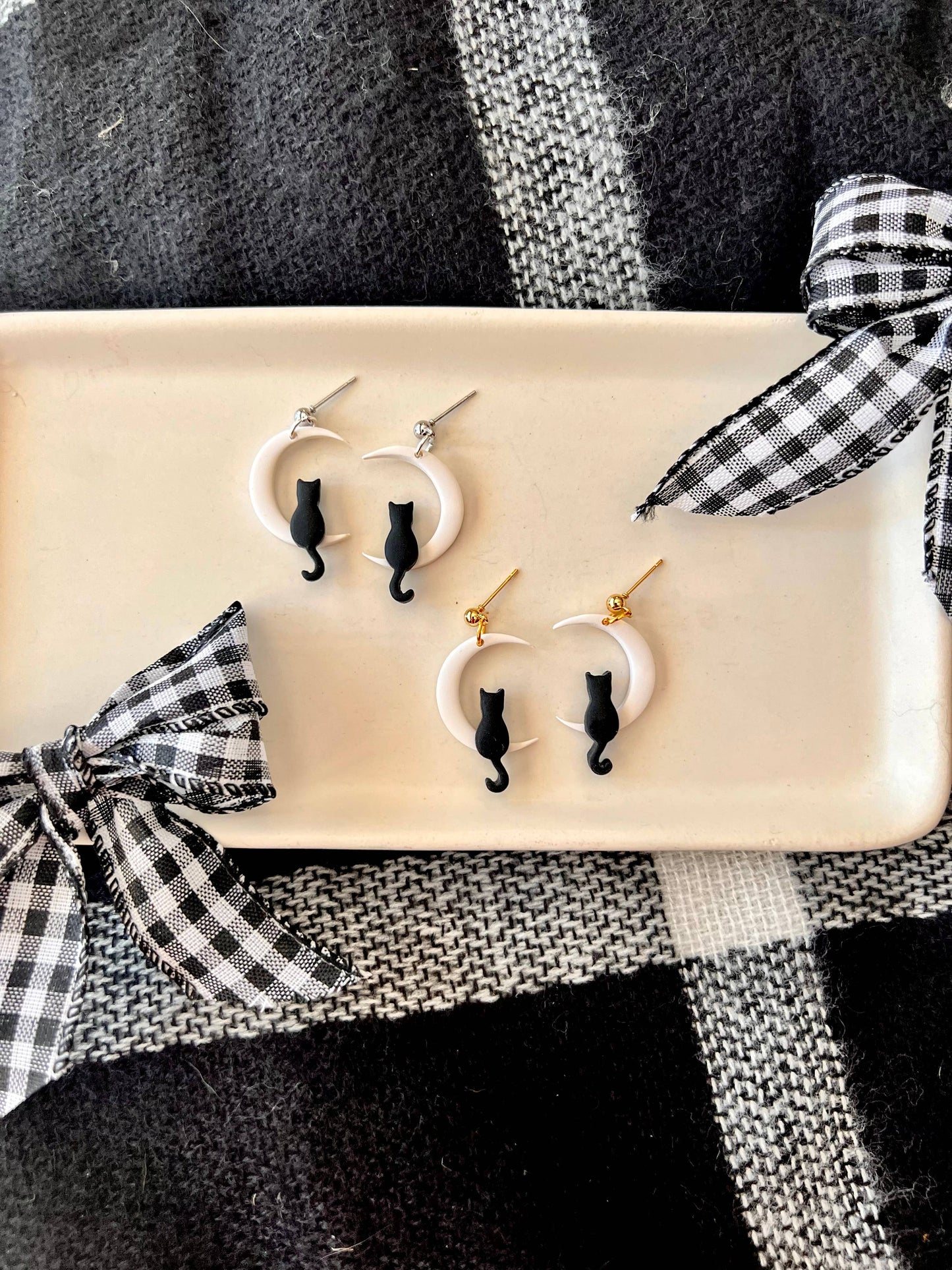 Cat Moon Earrings, Moon Earrings, Cat Clay Earrings