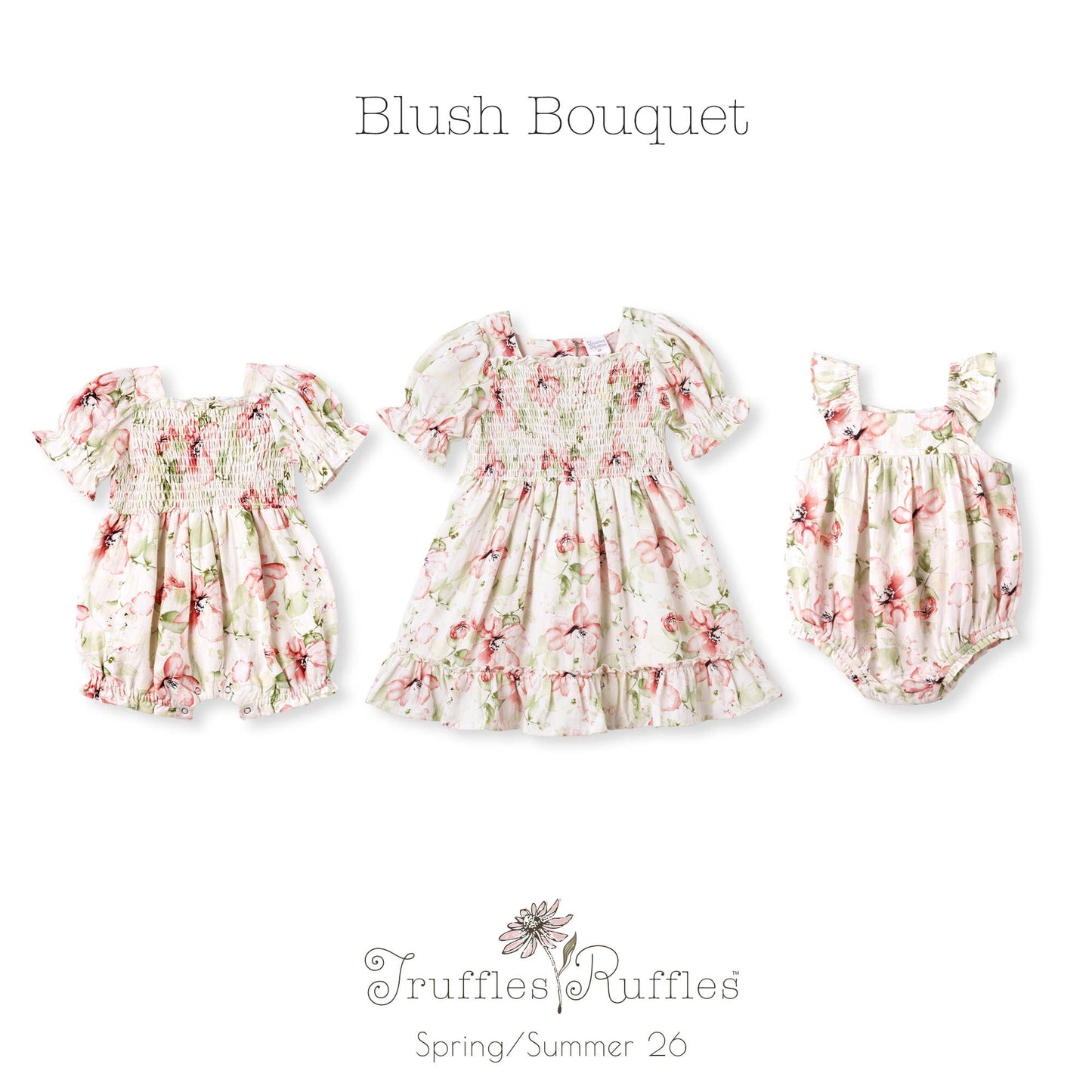 Blush Bouquet Smocked Bodice Puff Sleeve Baby Girl Romper