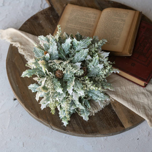 10" FROSTED HOLLY W/ PINECONES HALF BALL