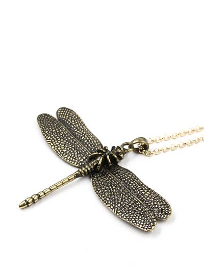 FR2477 3D Silver Burnished Dragonfly Long Chain Necklace