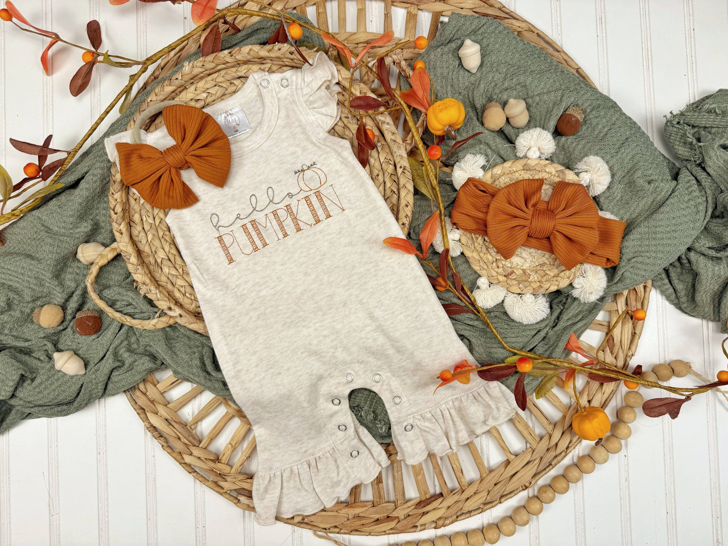 Hello Pumpkin baby girl ruffle romper, Fall outfit for girls