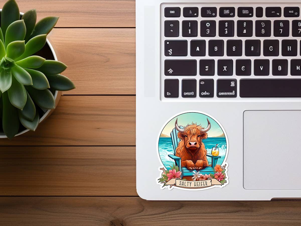 Salty Heifer on the Beach | Highland Cow | Funny Sticker