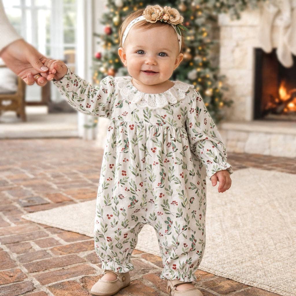 Holiday Berry Cotton-Rayon-Linen Baby Romper With Lace Trim