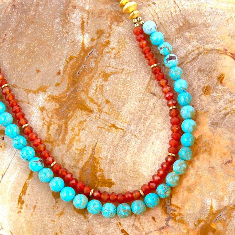 Canyon Blue Turquoise and Orange Carnelian Long Golden Necklace