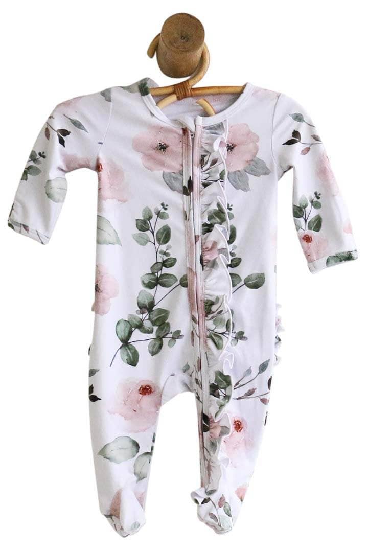 Millie's Dusty Rose Floral Ruffle Zipper Footie
