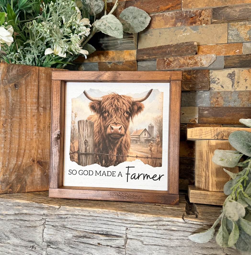 So God Made a Farmer Highland Cow Rustic Farmhouse wood Sign