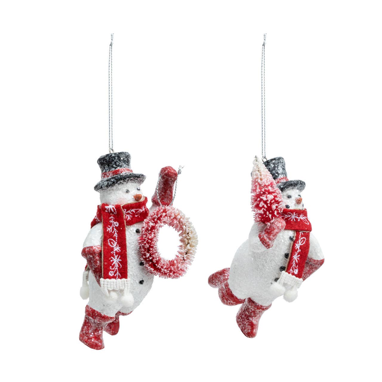 Sparkly Snowmen Ornaments with Bottle Brush - 2 Assorted