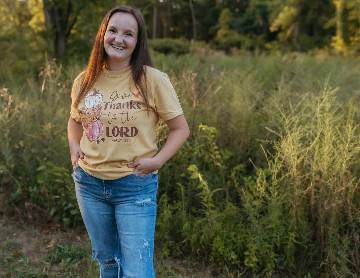 Psalm 136 Give Thanks Fall Graphic Tee - Christian Tee