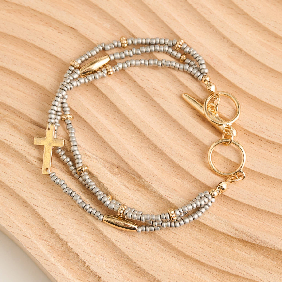 Cross Bracelet Multi Row Beaded Toggle Hammered Texture