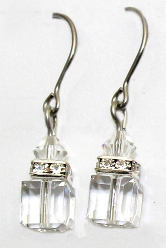Clear Crystal Cube 6mm and Rhinestone Dangle Earring