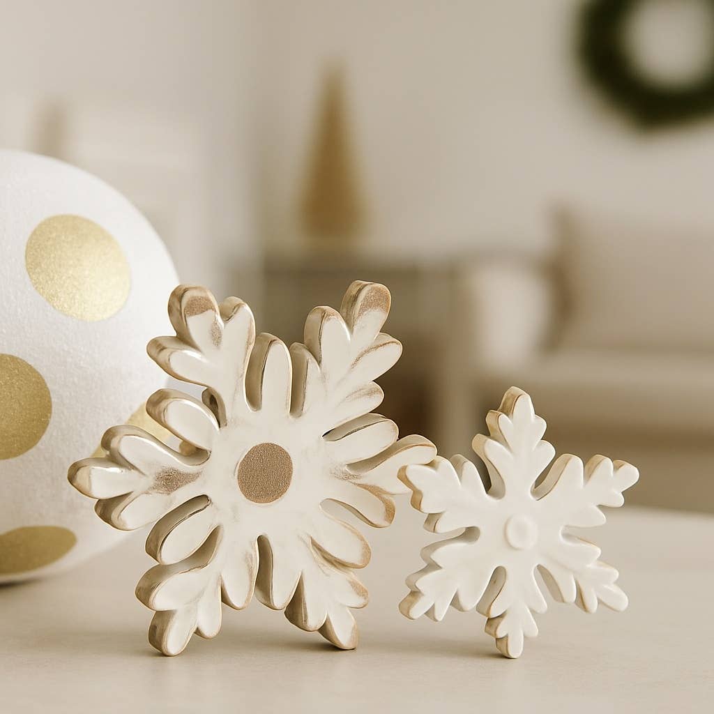 White Enamel Wooden Snowflakes 9x6in