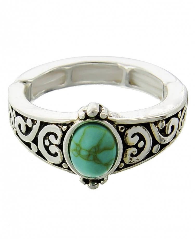 FR3107 Filigree Turquoise Stone Metal Stretch Ring
