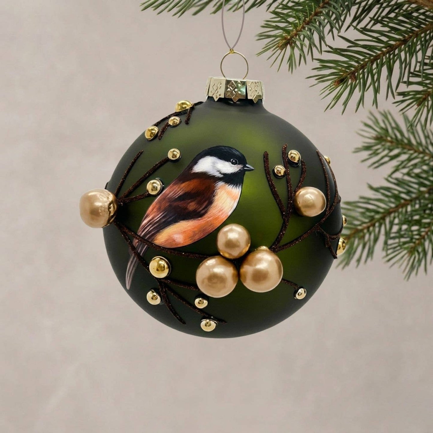 Chickadee w/ Gold Berries Glass Ornament 4.5"