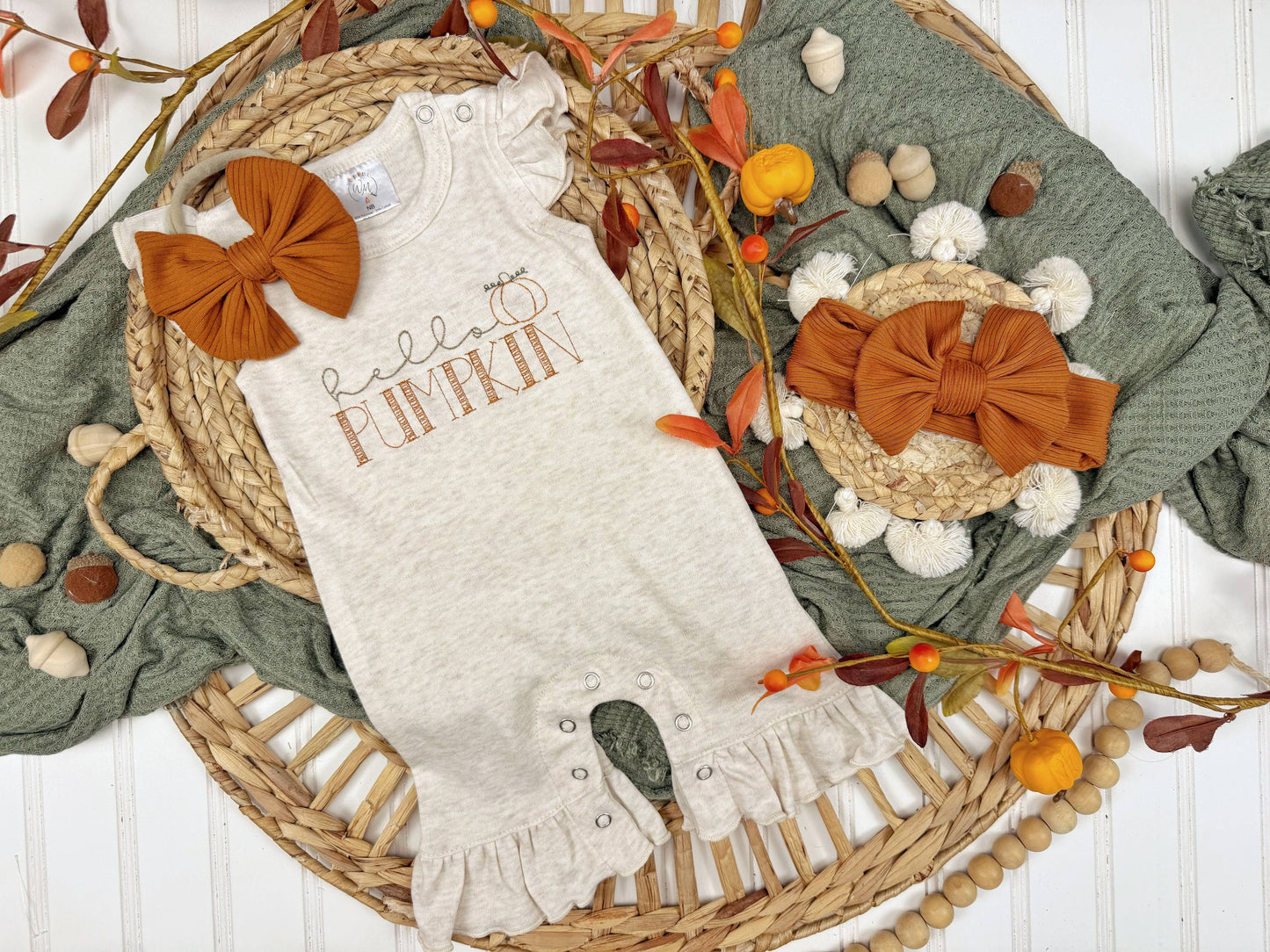 Hello Pumpkin baby girl ruffle romper, Fall outfit for girls