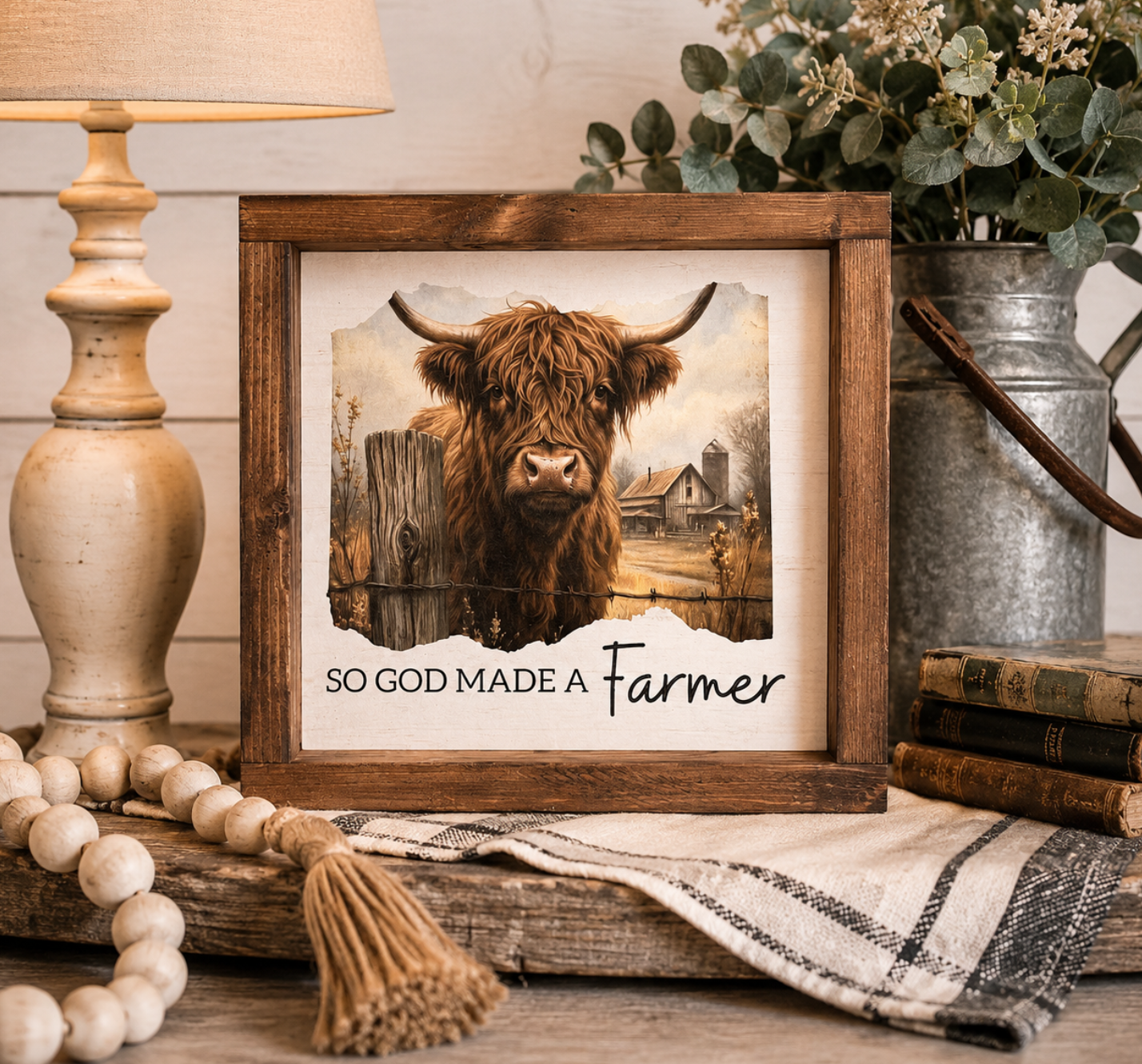 So God Made a Farmer Highland Cow Rustic Farmhouse wood Sign