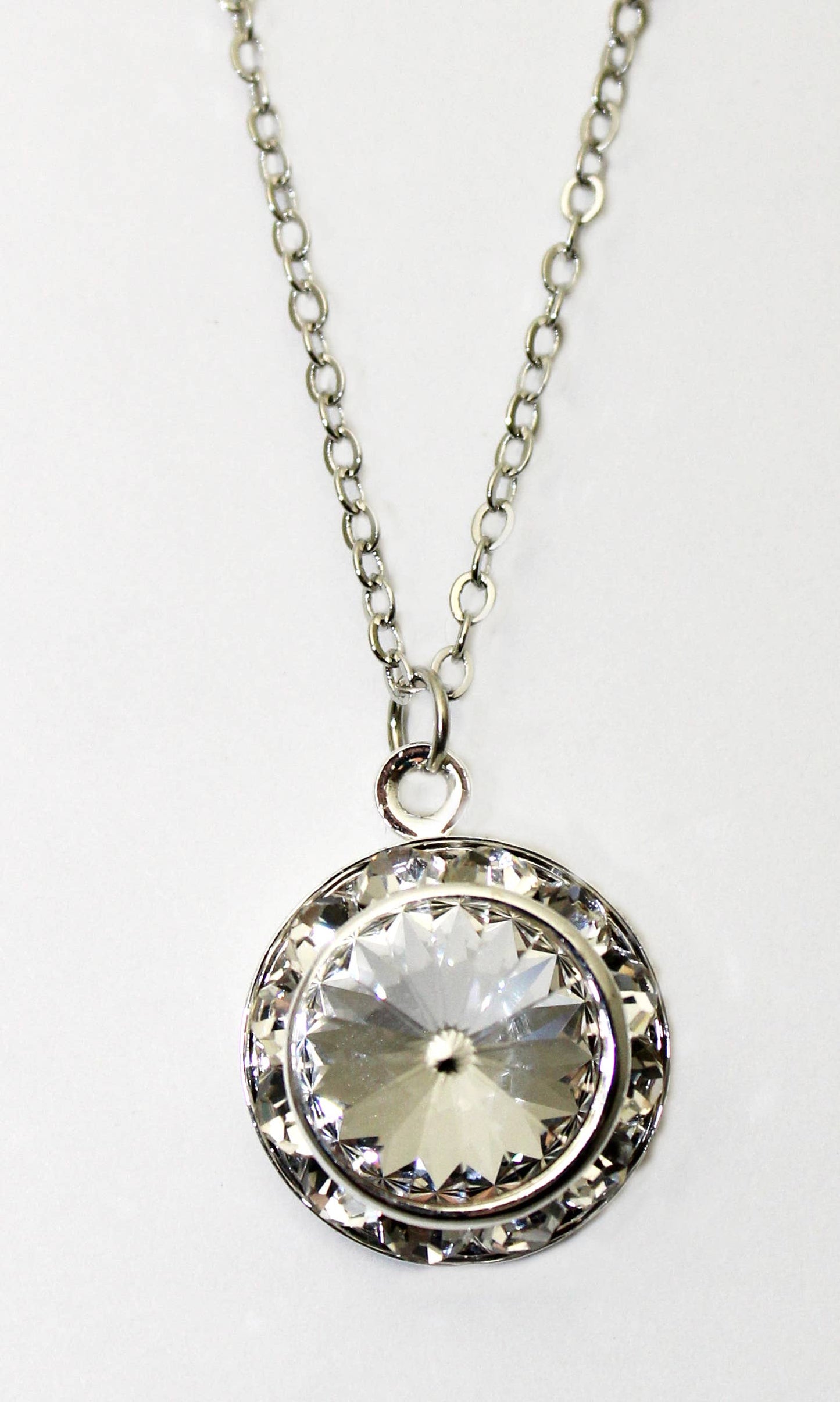 Rhinestone Rivoli Clear Pendant with 18" Silver Chain