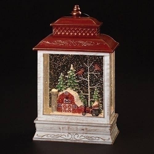 Lighted Swirl Lantern Farmer Santa on Tractor