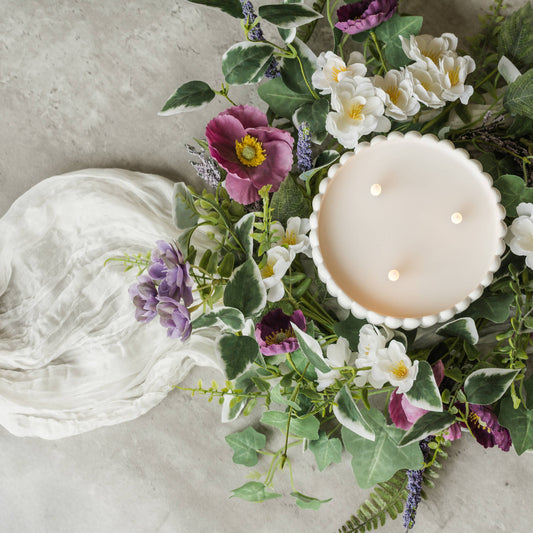 14" PURPLE CHERRY BLOSSOM, LAVENDER & POPPY CANDLE RING