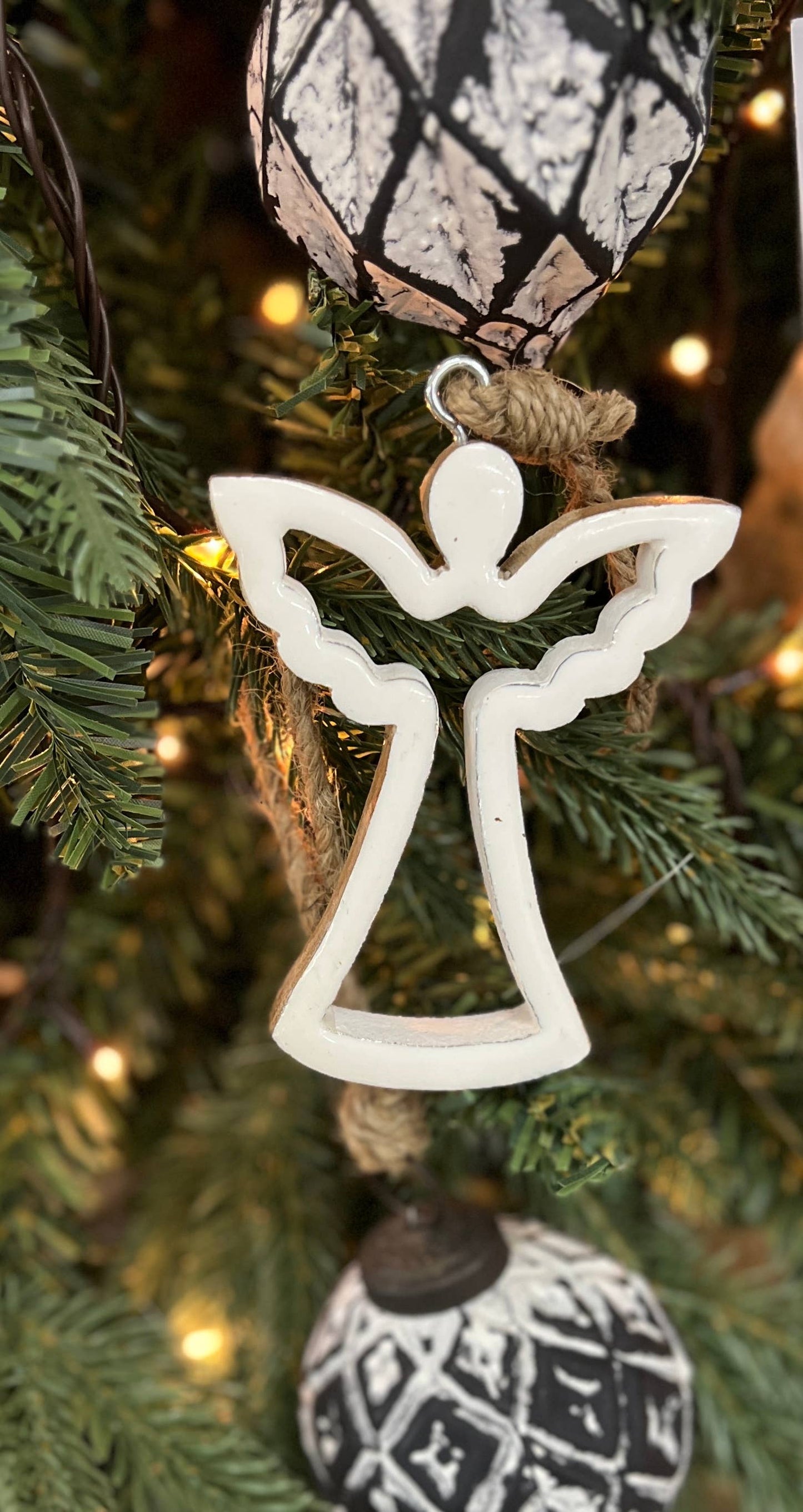 Hollow White Enamel Angel Ornament 4x3in