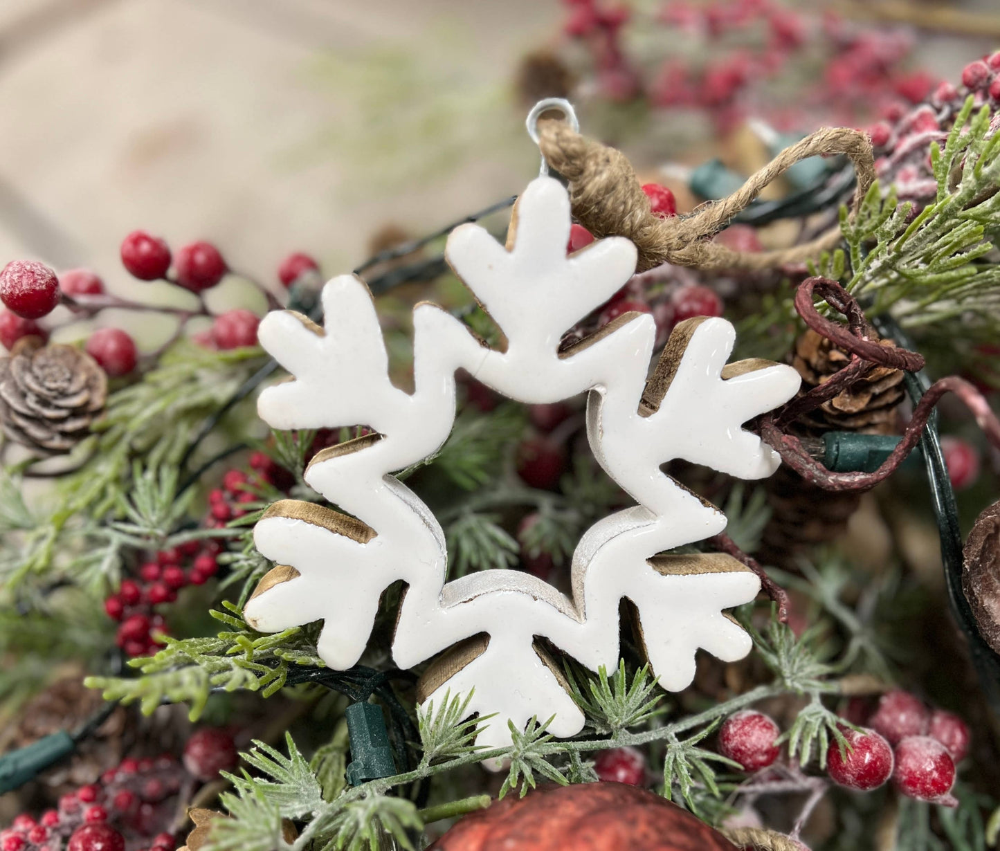 Hollow White Enamel Snowflake 4x4in